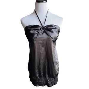 Guess Satin Halter Top Y2k Banded Hem Black Medium Women Blouse Keyhole Vtg